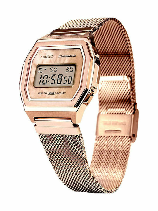 Casio Vintage Digital Women's Watch Chronograph with Pink Gold Metal Bracelet