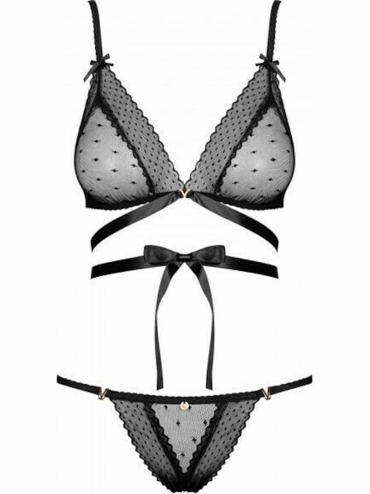 Obsessive Spitzen Unterwäsche-Set für Damen BH mit Zeichenfolge Schwarz / Schwarz / Schwarz / Schwarz / Schwarz Bowessa