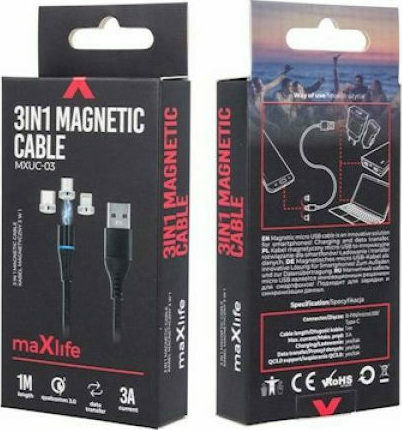 Maxlife Braided / Magnetic Cablu USB la Lightning / Type-C / micro USB cu mai multe porturi 2A Negru 1m (MXUC-03)