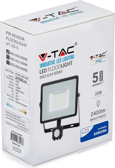V-TAC Vt-30-s Στεγανός Προβολέας LED 30W Φυσικό Λευκό 4000K με Αισθητήρα Κίνησης IP65