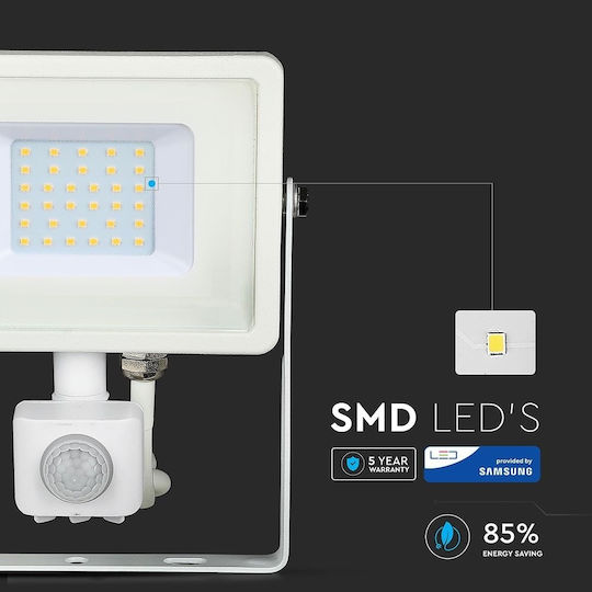 V-TAC Vt-30-s Waterproof LED Flood Light 30W Natural White 4000K with Motion Sensor IP65