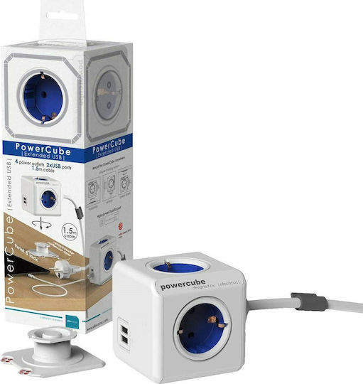 Allocacoc Extended PowerCube 4 Positions with 2 USB-A and Cable 1.5m Gray