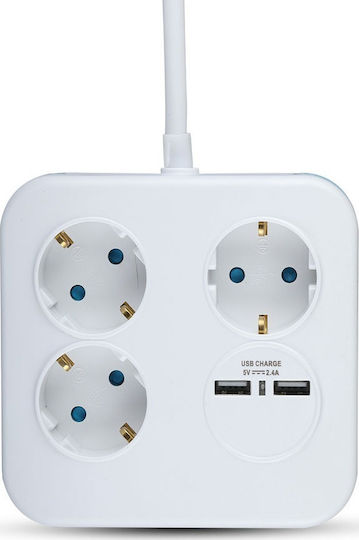 V-TAC Πολύπριζο 3 Θέσεων με 2 USB-A και Καλώδιο 1.4m