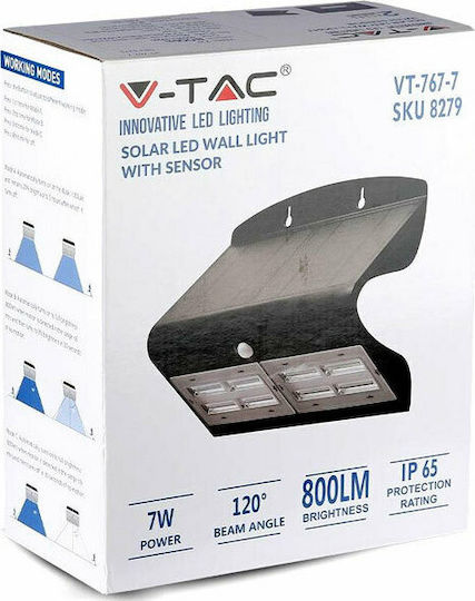 V-TAC Επιτοίχιο Ηλιακό Φωτιστικό 6.8W 800lm Φυσικό Λευκό 4000K με Αισθητήρα Κίνησης και Φωτοκύτταρο IP65