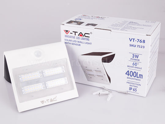 V-TAC Επιτοίχιο Ηλιακό Φωτιστικό 3W 400lm Φυσικό Λευκό 4000K με Αισθητήρα Κίνησης και Φωτοκύτταρο IP65 14x21.2x10.92εκ.