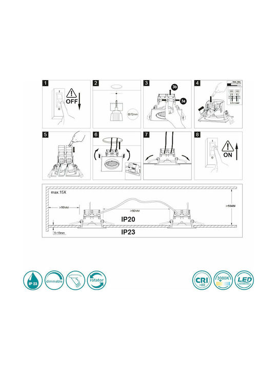 Trio Lighting Pamir Square Metallic Recessed Spot with Integrated LED and Warm White Light White 5x5cm. 1pcs