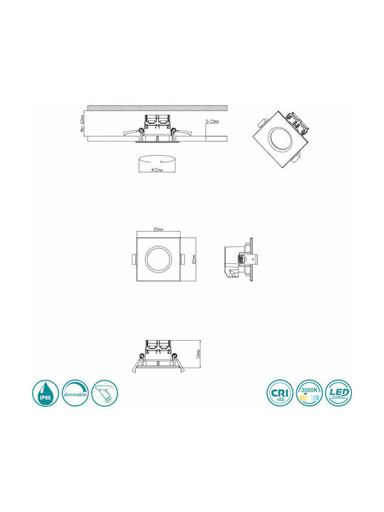 Trio Lighting Zagros Square Metallic Recessed Spot with Integrated LED and Warm White Light Silver 5x5cm. 3pcs