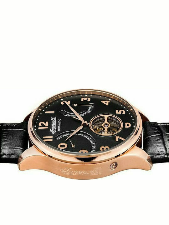 Ingersoll Ανδρικό Ρολόι 44mm Χρονογράφος Αυτόματο με Μαύρο Δερμάτινο Λουράκι