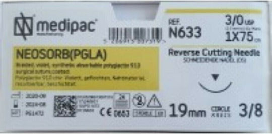 Medipac Surgical Sutures Length 75cm Neosorb PGLA 3.0 with Needle 19mm N633