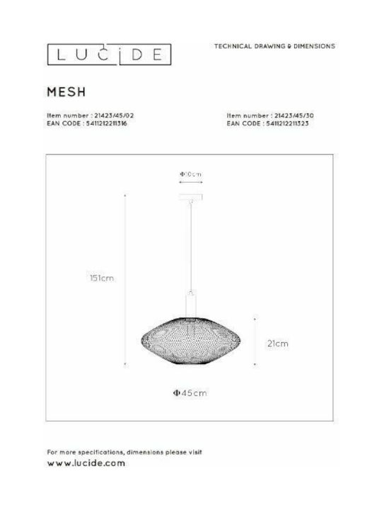 Lucide Lightning Mesh Pendant Light Black Grid with Socket E27 45cm