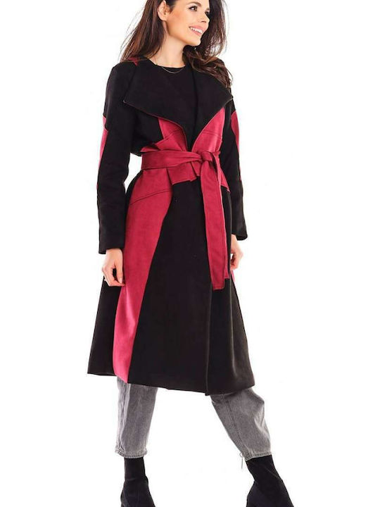 Women's Black/Bordeaux Coat with Belt