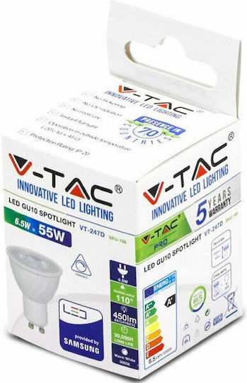 V-TAC VT-247D LED Bulb 6.5W for Socket GU10 and Shape MR16 Natural White 450lm Dimmable
