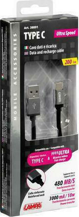 Lampa Silver Line USB 2.0 Cable USB-C male - USB-A Μαύρο 2m L3889.1