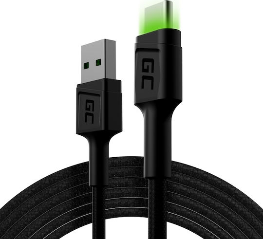 Green Cell Cell Ray Плетен / LED USB 2.0 Кабел USB-C Мъжки - USB-A Зелен 1.2м KABGC06