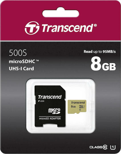 Transcend 500S microSDHC 8GB U1 UHS-I 95MB/s Memory Card with Adapter