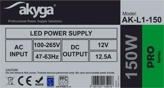 Akyga LED Power Supply IP20 Power 150W with Output Voltage 12V
