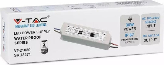 V-TAC Dimmbares LED-Netzteil Wasserdicht IP67 Leistung 30W mit Ausgang 12V