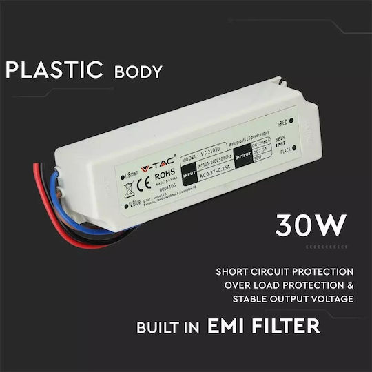 V-TAC Dimmbares LED-Netzteil Wasserdicht IP67 Leistung 30W mit Ausgang 12V