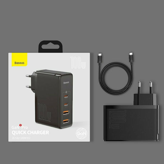 Baseus Incarcator Fara Cablu GaN cu 2 Porturi USB-A si 2 Porturi USB-C 100W Quick Charge 4+ Negru (Gan2 Pro Quick)