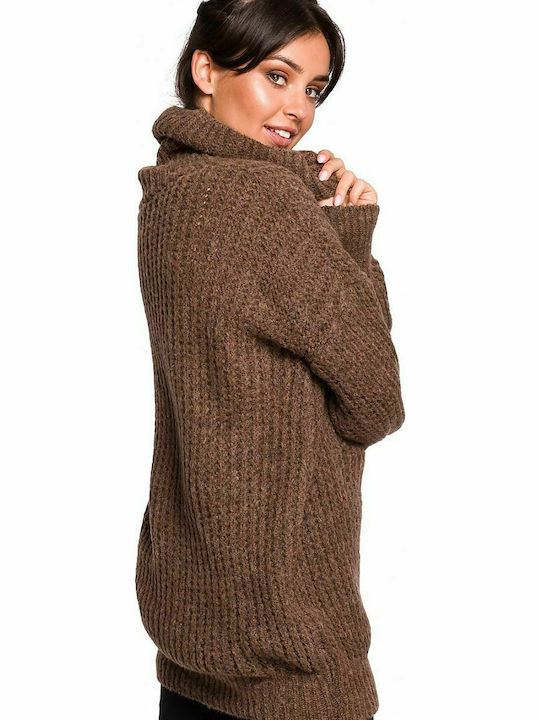 BE Knit BK030 Women's Long Sleeve Sweater Turtleneck Brown