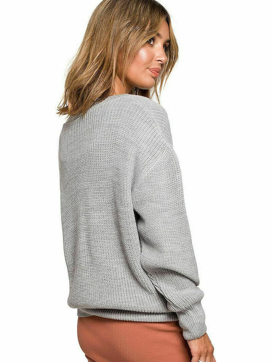 BE Knit BK075 Women's Long Sleeve Sweater with V Neckline Gray