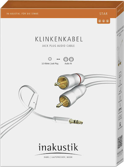 Inakustik 3.5mm Male To RCA Male Audio Cable White 1.5m With Gold Plated Terminals 003100015
