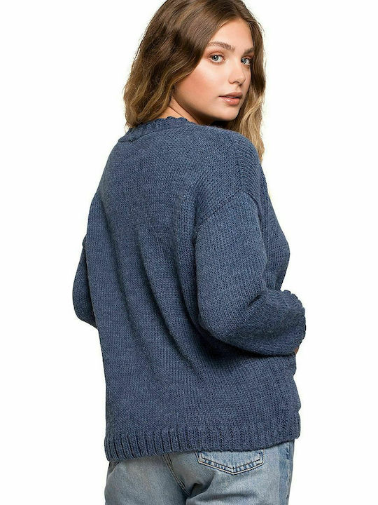 BE Knit BK074 Long Women's Knitted Cardigan with Buttons Navy Blue