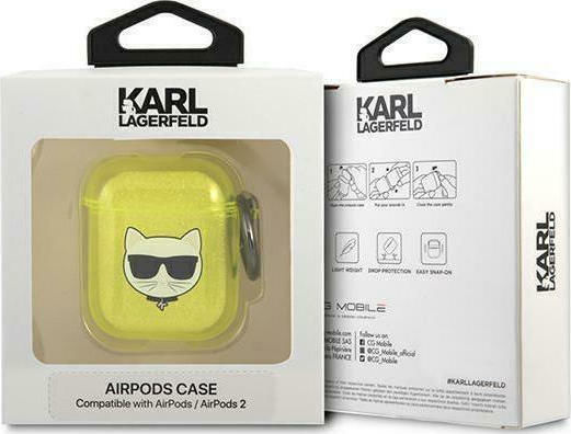 Karl Lagerfeld Choupette Hülle Silikon mit Haken in Gelb Farbe für Apple AirPods 1 / AirPods 2
