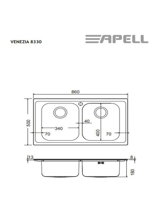 Apell Venezia 8330 8330-110 Drop-In Sink Inox Satin W86xD50cm Silver