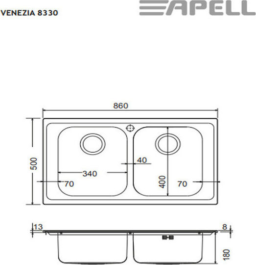 Apell Venezia 8330 Ένθετος Νεροχύτης Inox Σατινέ Μ86xΠ50cm Ασημί