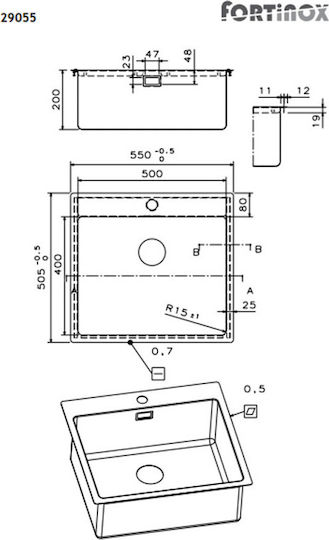Fortinox Squadro Ένθετος Νεροχύτης Inox Σατινέ Μ55xΠ50.5cm Ασημί