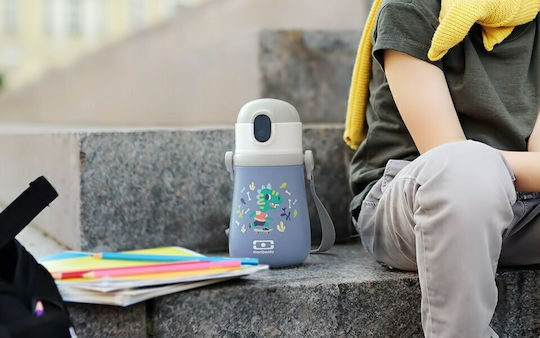 Monbento MB Stram Kids Water Bottle Thermos Dinosaur Stainless Steel with Straw Blue 360ml