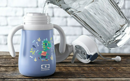 Monbento MB Stram Kids Water Bottle Thermos Dinosaur Stainless Steel with Straw Blue 360ml