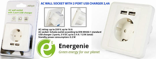 Energenie Μονή Χωνευτή Πρίζα Ρεύματος με 2 Θύρες USB Λευκή