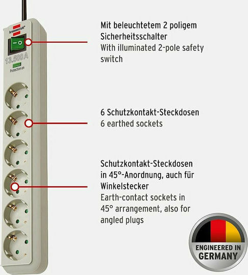 Brennenstuhl Steckdosenleiste mit Überspannungsschutz 6 Positionen mit Schalter und Kabel 1.5m Gray