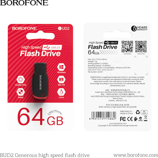 Borofone BUD2 64GB USB 2.0 Stick Black