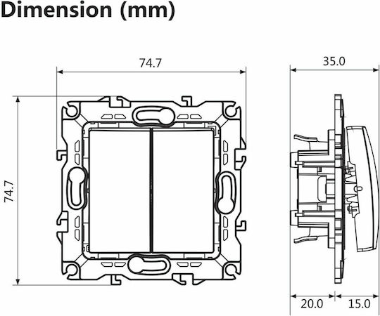 Aca Prime Recessed Wall Switch Double Without Frame Aller Retour Matte Aluminium