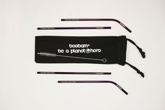 Boobam Straws Metal Purple Stainless Steel with Brush 4pcs