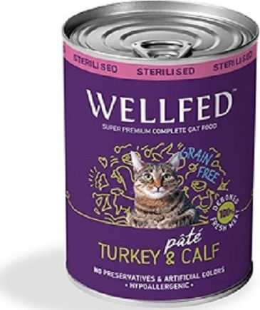 Wellfed Sterilised Nassfutter für Erwachsene Katzen in Dose mit Türkei und Kalb ohne Getreide 400gr