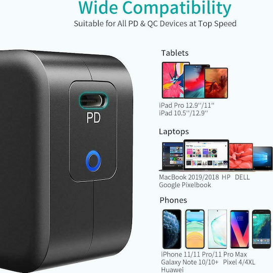 Choetech Φορτιστής με Θύρα USB-C και Καλώδιο USB-C 60W Power Delivery Μαύρος (Q6006)