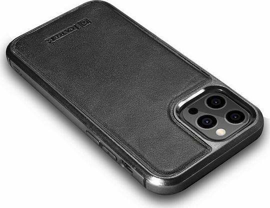 iCarer Oil Wax Umschlag Rückseite Leder Schwarz (iPhone 12 Pro Max)