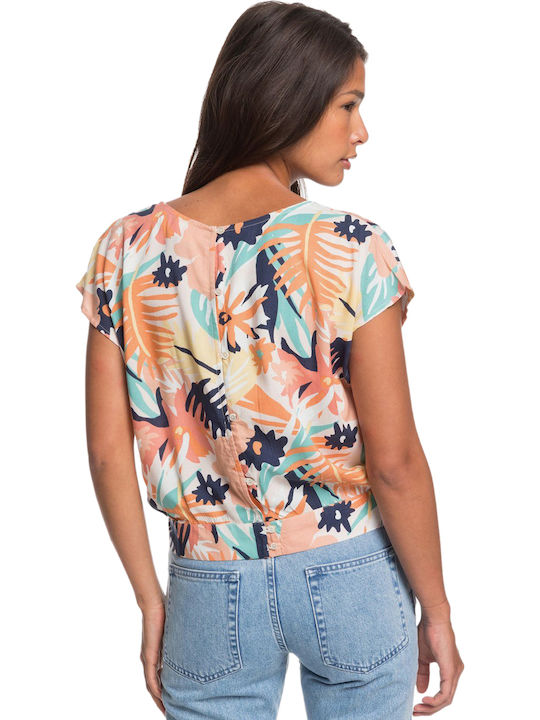 Roxy Beside Myself Women's Summer Blouse Short Sleeve with V Neckline Floral Peach Blush Bright Skies