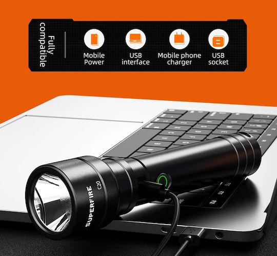 Superfire Επαναφορτιζόμενος Φακός LED IP46 με Μέγιστη Φωτεινότητα 1100lm