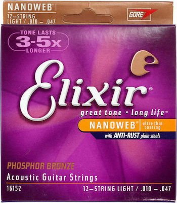 Elixir Set of Phosphor Bronze Strings for Acoustic Guitar Nanoweb Light 12-String 10 - 47"