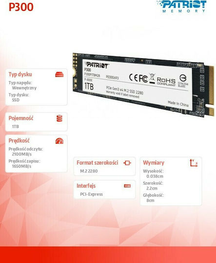 Patriot P300 SSD 1TB Tip M.2 cu Conexiune PCI Express 3.0