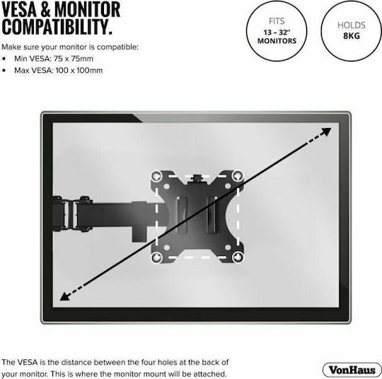 VonHaus Computer Monitor Ständer Bildschirm bis 32" mit Arm Schwarz (3005115)