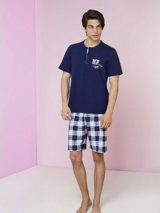 Vamp Men's Summer Cotton Checked Pajamas Set Navy Blue