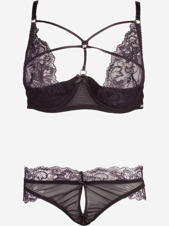 Norddiva Lingerie Spitzen Unterwäsche-Set für Damen BH mit Zeichenfolge Schwarz