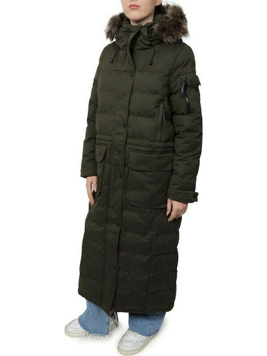 Women's Long Puffer Jacket for Winter with Detachable Hood Sandstone