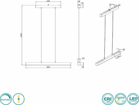 Trio Lighting Paros LED Γραμμικό Φωτιστικό Οροφής 29W Θερμό Λευκό IP20 με Ρυθμιζόμενη Ένταση Μ90xΒ5εκ.